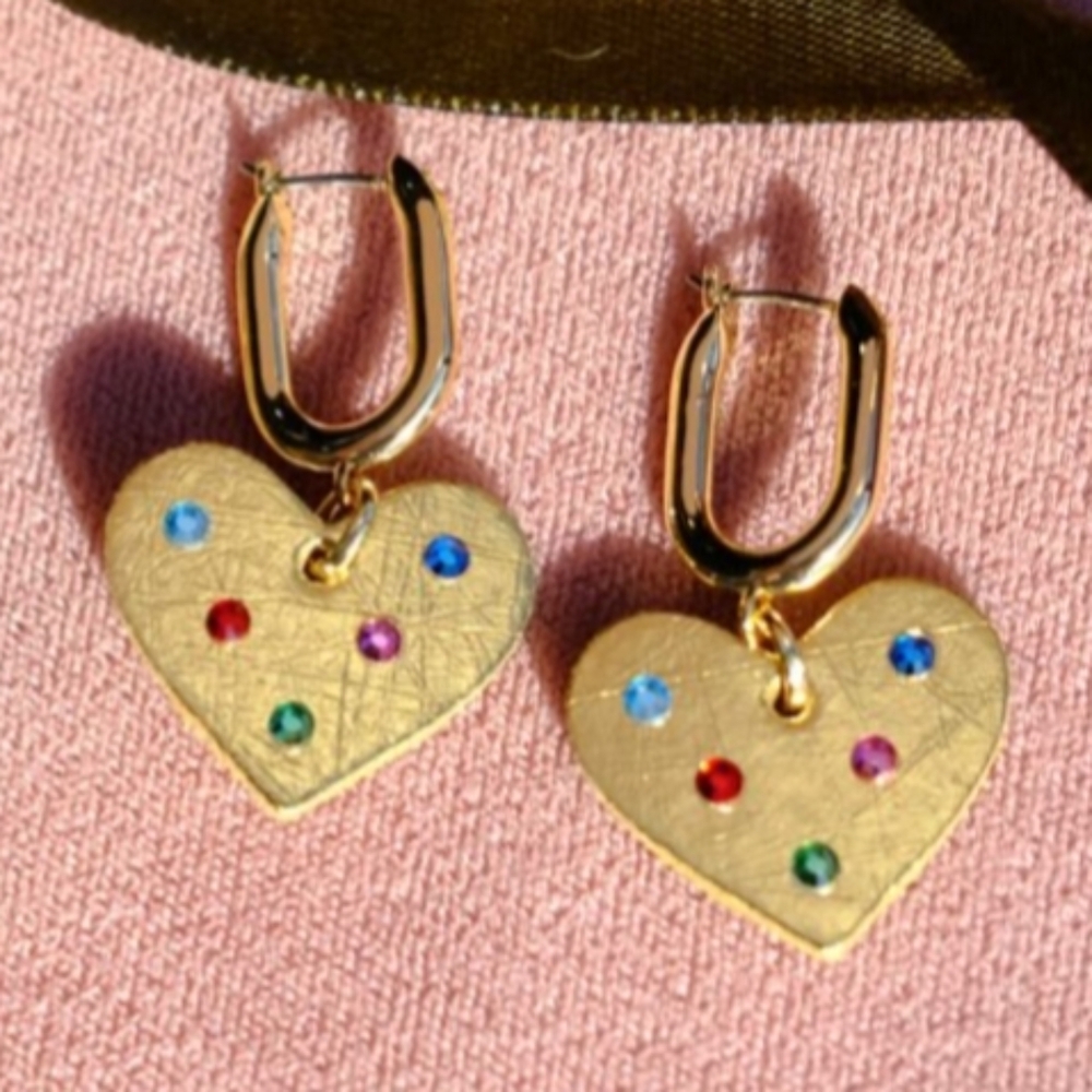 Nickel And Suede Gold Leather Heart Earrings with Colorful Gemstones-NEW